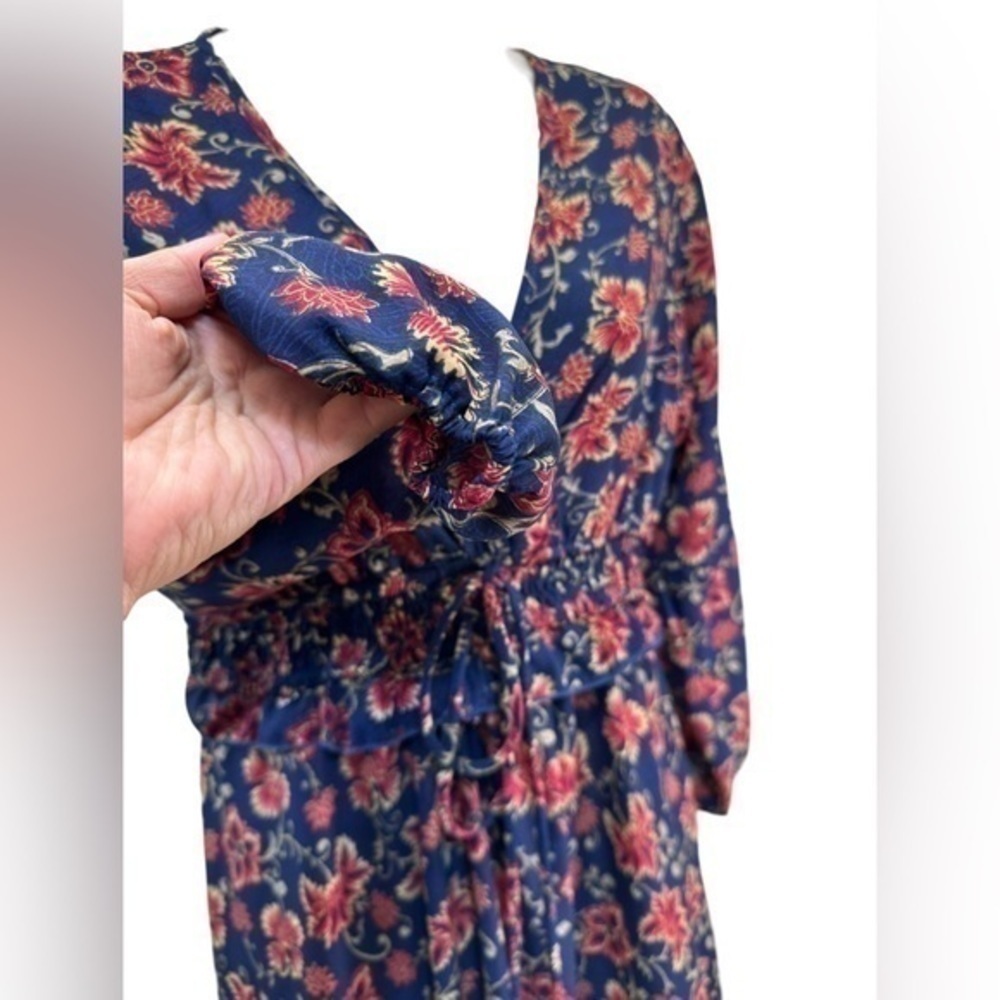 Anthropologie Boemo Maxi Dress Ruffle Navy Blue Red Tiered Long Sleeve PETITE - Picture 6 of 7